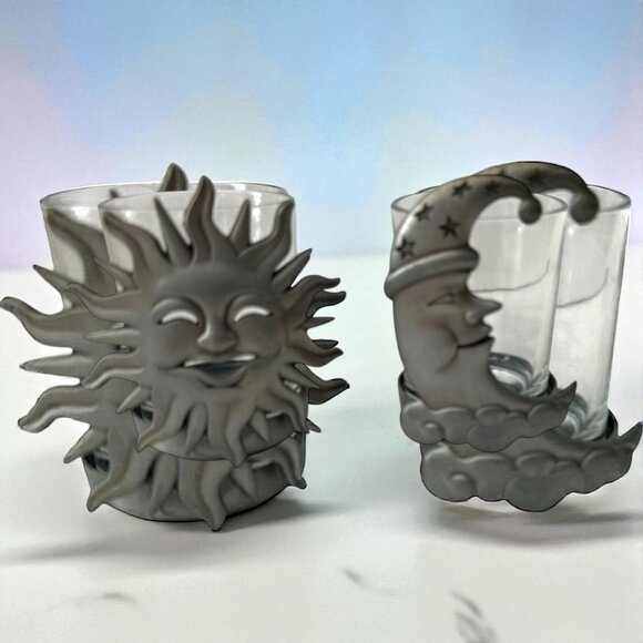 Set of 2 Celestial Sun & Moon Glass Candle Holders Metal Wrap Votive Tealight - Picture 1 of 5